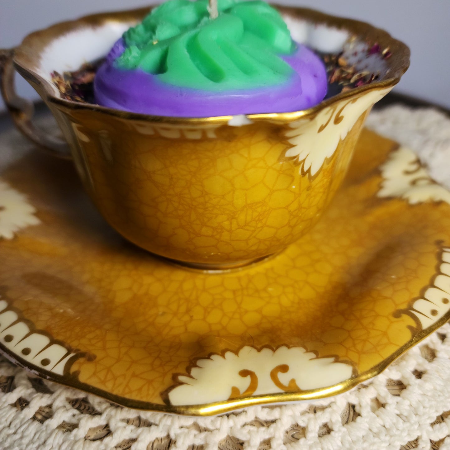 Yellow Vintage Victorian Skull Cameo Teacup Candle