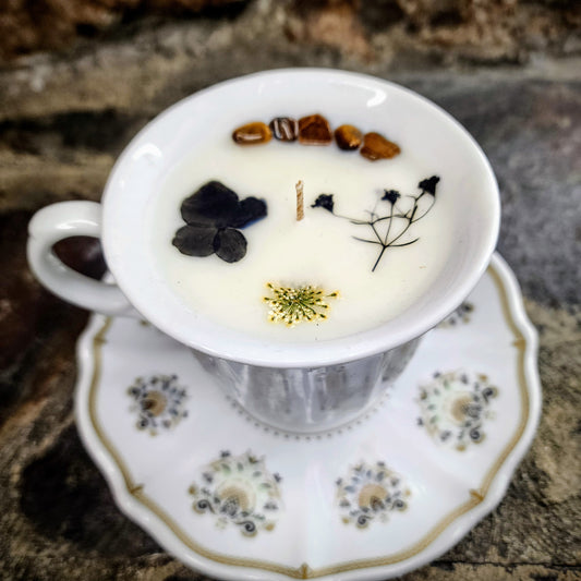 Black Flowers with Tigers Eye Tea Cup Candle